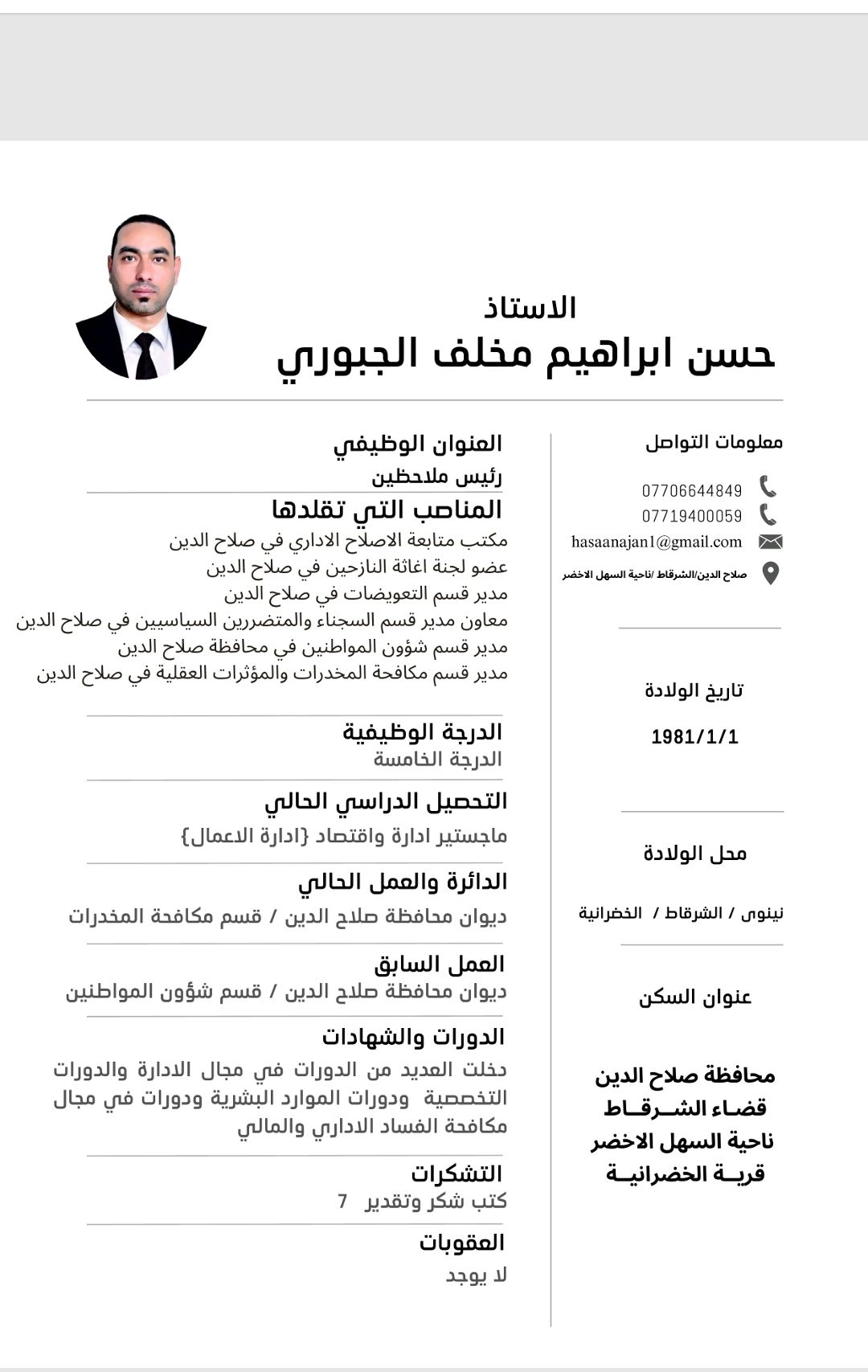 السيرة الذاتية للأستاذ : حسن ابراهيم مخلف الجبوري